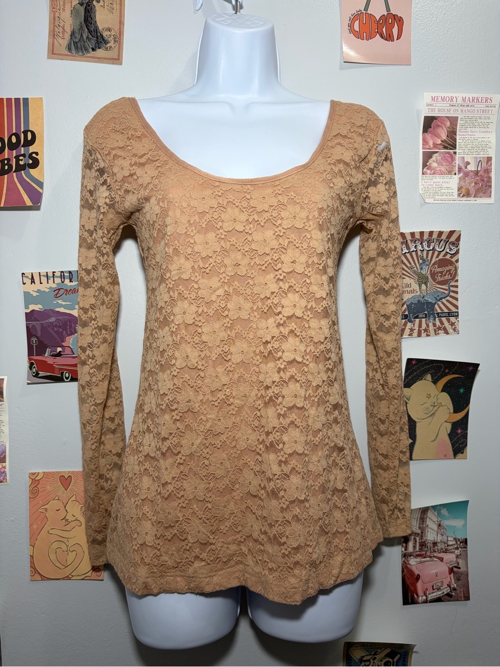 Kardashian Kollection Tan Lace Long-Sleeve Scoop Neck Top